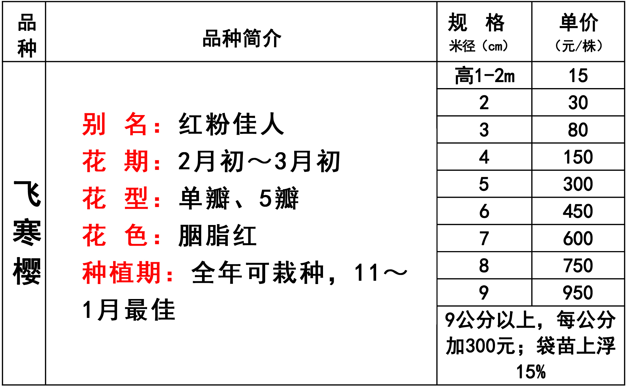 樱花品种价格表